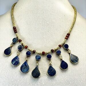 VINTAGE TRIBAL AFGAN 1970'S LAPIS LAZULI SILVER TONE NECKLACE WITH TEAR DROPS